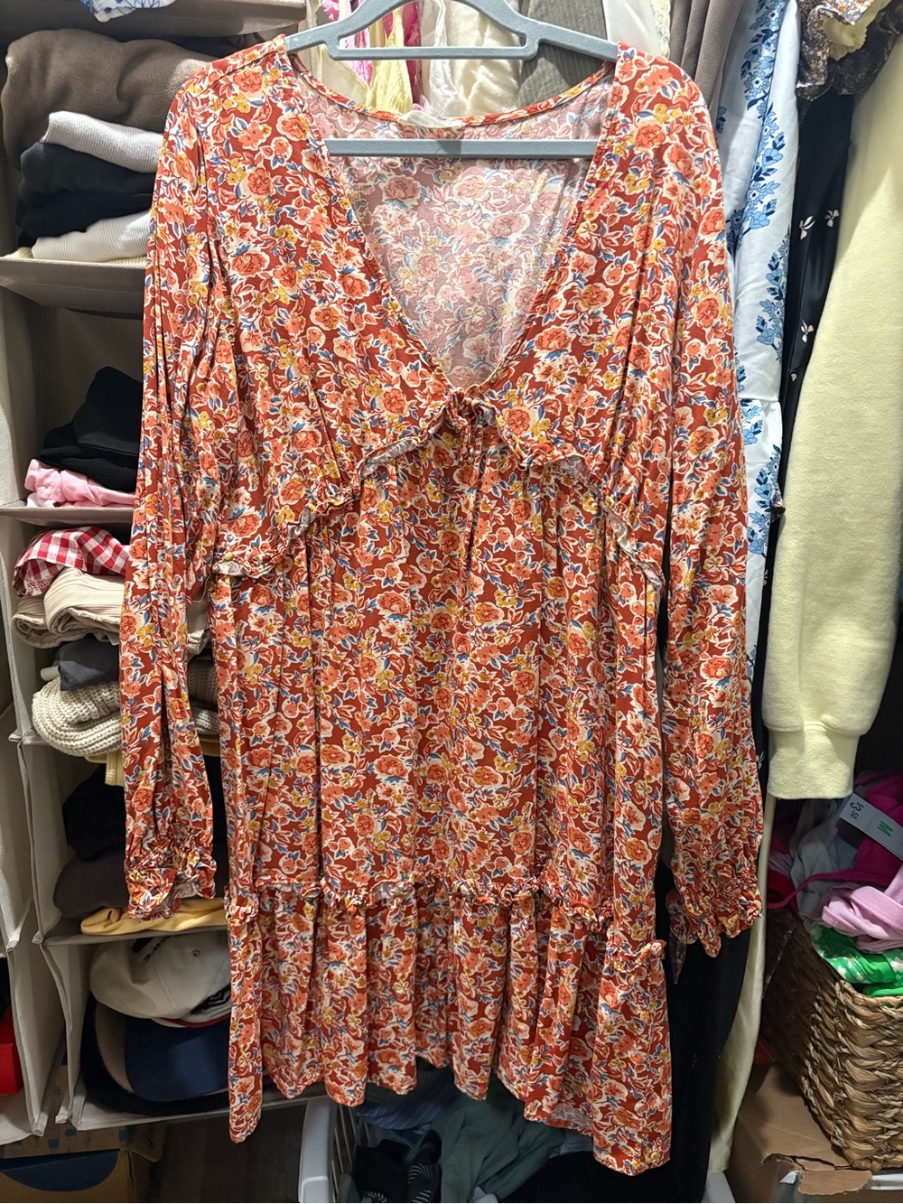 Orange Floral Long Sleeve V-Neck Women's Dress